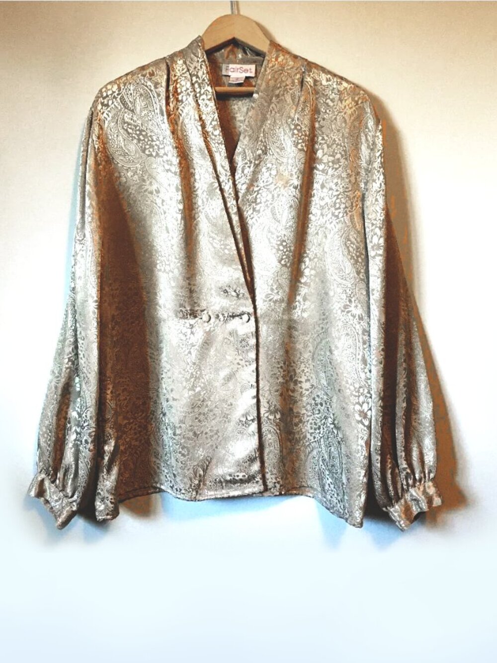Vintage Fair Set 90s Champagne Paisley Shiny Liquid Metallic Blouse 18